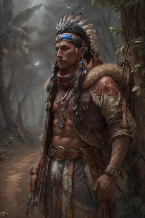 (masterpiece, best quality, high quality, highres, ultra-detailed), solo, half shot, looking down, detailed background, detailed face, (<lora:totempunkai_v20:0.5>, totempunkai, native american theme:1.1), trapper, trapmaker, brown fur lined leather clothing, belt, gloves, rugged, trappers hat, scarf, dynamic pose, snare, rope, lure, net, pelts, hides, campsite background, underbrush, fantasy frontier cinematic atmosphere,, <lora:add_detail:1>
