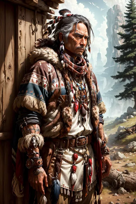 (masterpiece, best quality, high quality, highres, ultra-detailed), solo, half shot, looking down, detailed background, detailed face, (<lora:totempunkai_v20:0.5>, totempunkai, native american theme:1.1), trapper, trapmaker, brown fur lined leather clothing, belt, gloves, rugged, trappers hat, scarf, dynamic pose, snare, rope, lure, net, pelts, hides, campsite background, underbrush, fantasy frontier cinematic atmosphere,, <lora:add_detail:0.4>