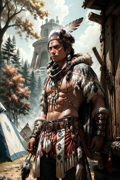 (masterpiece, best quality, high quality, highres, ultra-detailed), 1boy, solo, half shot, looking down, detailed background, detailed face, (<lora:totempunkai_v20:0.5>, totempunkai, native american theme:1.1), trapper, trapmaker, brown fur lined leather clothing, belt, gloves, rugged, trappers hat, scarf, dynamic pose, snare, rope, lure, net, pelts, hides, campsite background, underbrush, fantasy frontier cinematic atmosphere,, <lora:add_detail:0.4>