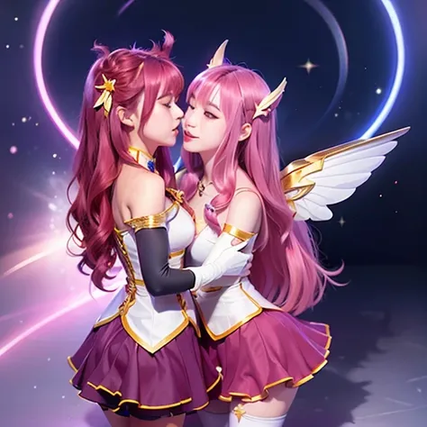 <lora:kaisaStarGuardian_v10:0.5>,<lora:koreanDollLikeness_v15:0.3>,2girls kissing each other, indoor,star guardian (league of legends),kaisasg,best quality,ultra high res, long hair, solo, wings, skirt, gloves, white gloves, elbow gloves, bare shoulders, bangs, magical girl, purple skirt, pink hair, very long hair, magic, red hair, black eyes, horns, hair ornament,smile, happy