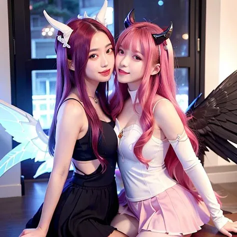 <lora:kaisaStarGuardian_v10:0.3>,<lora:koreanDollLikeness_v15:0.6>,2girls kissing each other, indoor,star guardian (league of legends),kaisasg,best quality,ultra high res, long hair, solo, wings, skirt, gloves, white gloves, elbow gloves, bare shoulders, bangs, magical girl, purple skirt, pink hair, very long hair, magic, red hair, black eyes, horns, hair ornament,smile, happy