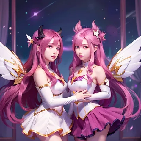 <lora:kaisaStarGuardian_v10:0.5>,<lora:koreanDollLikeness_v15:0.3>,2girls, indoor,star guardian (league of legends),kaisasg,best quality,ultra high res, long hair, solo, wings, skirt, gloves, white gloves, elbow gloves, bare shoulders, bangs, magical girl, purple skirt, pink hair, very long hair, magic, red hair, black eyes, horns, hair ornament