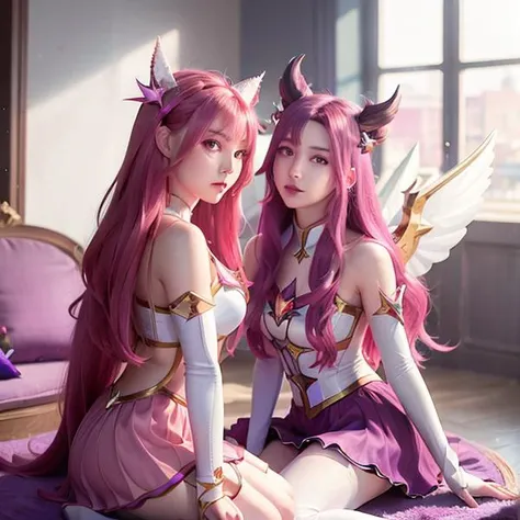 <lora:kaisaStarGuardian_v10:0.5>,<lora:koreanDollLikeness_v15:0.3>,2girls, indoor,star guardian (league of legends),kaisasg,best quality,ultra high res, long hair, solo, wings, skirt, gloves, white gloves, elbow gloves, bare shoulders, bangs, magical girl, purple skirt, pink hair, very long hair, magic, red hair, black eyes, horns, hair ornament