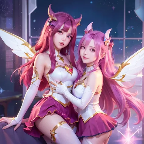 <lora:kaisaStarGuardian_v10:0.5>,<lora:koreanDollLikeness_v15:0.3>,2girls, indoor,star guardian (league of legends),kaisasg,best quality,ultra high res,  long hair, solo, wings, skirt, gloves, white gloves, elbow gloves, bare shoulders, bangs, magical girl, purple skirt, pink hair, very long hair, magic, red hair, black eyes, horns, hair ornament,smile, happy