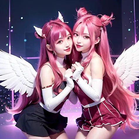 <lora:kaisaStarGuardian_v10:0.3>,<lora:koreanDollLikeness_v15:0.6>,2girls kissing each other, indoor,star guardian (league of legends),kaisasg,best quality,ultra high res, long hair, solo, wings, skirt, gloves, white gloves, elbow gloves, bare shoulders, bangs, magical girl, purple skirt, pink hair, very long hair, magic, red hair, black eyes, horns, hair ornament,smile, happy