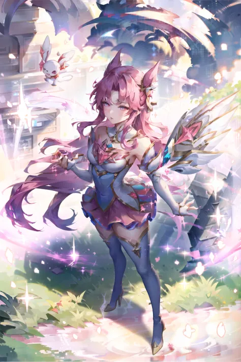 kaisasg, 1girl, star guardian (league of legends), pink hair, gloves, long hair, thighhighs, skirt, thigh boots, elbow gloves, hand on hip, bare shoulders, solo, wings, white gloves, breasts, boots, pink eyes, full body, bangs, magical girl, hair ornament, outdoors, grass, star (symbol), looking at viewer, high heels, standing
