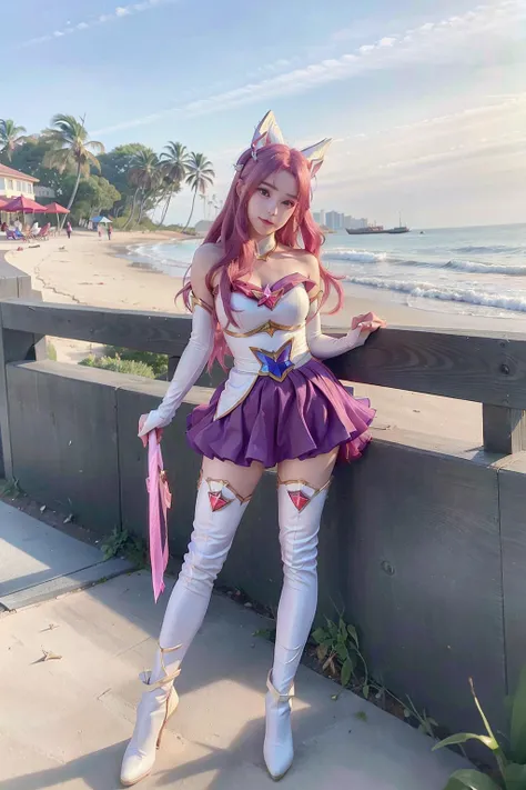 best quality, masterpiece, 1girl, purple eyes, kaisasg, star guardian \(league of legends\),star guardian kai'sa,  pink hair, elbow gloves, long hair, white thighhighs, skirt, thigh boots, elbow gloves, hand on hip, bare shoulders, wings, white gloves, white boots, pink eyes, full body,magical girl,  looking at viewer, standing,beach,ocean, coconut tree,