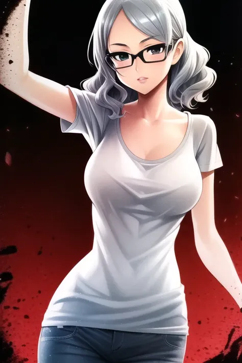 (best quality:1.0), young 1girl, solo, stunningly attractive, perfect feminine face, (cute:1.2), silver short wavy hair, playful, (white t-shirt), detailed background, black eyes, highres, dynamic angle, (cinematic lighting:1.2), (by Range Murata:1.0), (by Taka Tony:1.0), by Jeremy Lipking, cowboy shot, glasses

 <lora:satouShoujiAkaInazuma_1:0.65> satou shouji