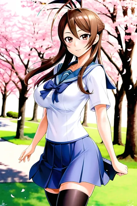satou shouji, 1girl, antenna hair, bento, box, breasts, brown hair, cherry blossoms, large breasts, long hair, school uniform, serafuku, signature, skirt, solo, thighhighs
<lora:satou_shouji:0.7>
