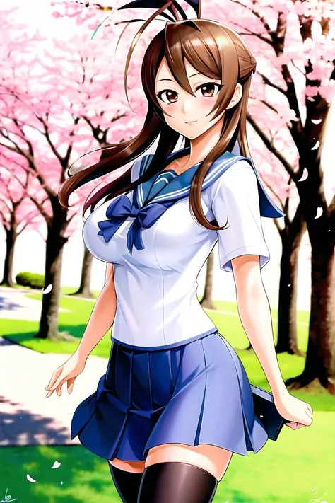 satou shouji, 1girl, antenna hair, bento, box, breasts, brown hair, cherry blossoms, large breasts, long hair, school uniform, serafuku, signature, skirt, solo, thighhighs
<lora:satou_shouji:0.7>