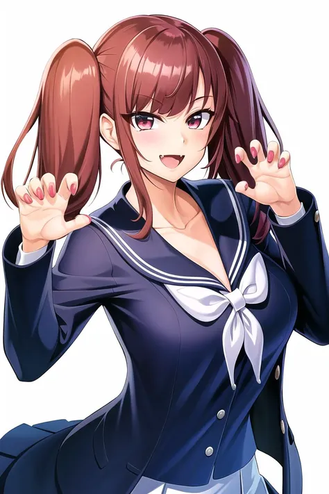 1girl, bangs, blush, breasts, brown hair, claw pose, coat, collar, collarbone, fang, gao, large breasts, long sleeves, looking at viewer, nail polish, red eyes, sailor collar, school uniform, serafuku, simple background, skirt, smile, solo, twintails, white background
<lora:satou_shouji:0.6>
