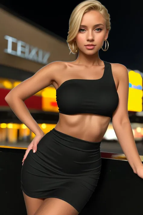 masterpiece, best quality, young blonde woman, wearing blackdresslora, looking at viewer, movie theater background <lora:blackdressloraV3:1>