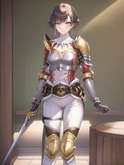 ((masterpiece)), best quality, solo,  sitting, sword, 
1girl, short+hair, brown_hair, armor, OfficialOutfit, trousers, ear_ring, OfficialOutfit, chest_plate,  standing_on_streets, knight_shield, fighting pose,  knee_pad, 
<lora:MHRfiorayne0320:0.8>
best_light_and_shadow, delicate_eyes_and_face, ray_tracing,  realistic_body,