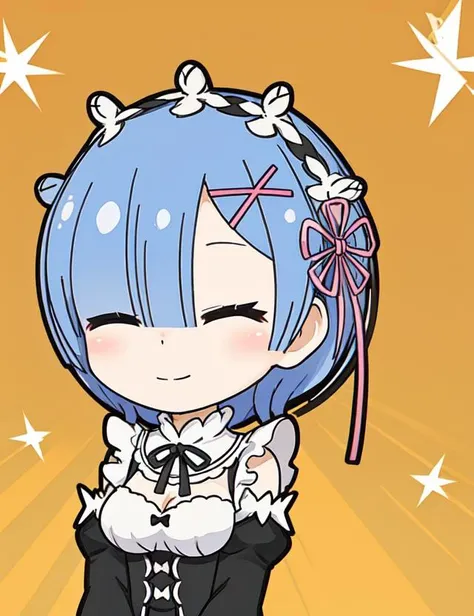 best quality, masterpiece, <lora:Rem-000009:0.9:MID>,Remchibi, phRem, 1girl, solo, roswaal mansion maid uniform, closed eyes, maid, smile, detached sleeves, chibi, maid headdress, upper body, parody, closed mouth, breasts, ^_^, frills, facing viewer, dress, bangs, medium breasts