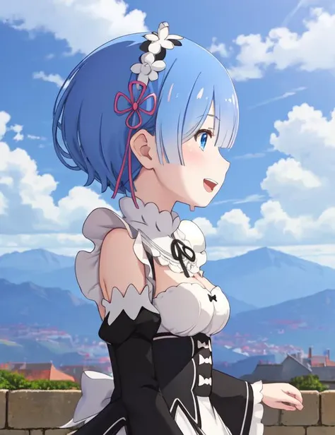 best quality, masterpiece, <lora:Rem-000009:0.9:MID>, phRem, 1girl, solo, roswaal mansion maid uniform, maid, sky, detached sleeves, cloud, open mouth, outdoors, day, breasts, smile, anime coloring, from side, blue sky, upper body, medium breasts, profile, maid headdress, mountain, blush, :d, frills, black ribbon, cloudy sky, neck ribbon