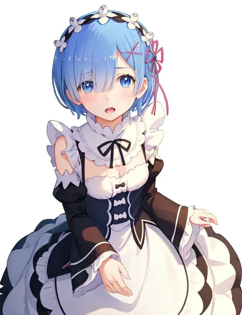 best quality, masterpiece, <lora:Rem-000009:0.9:MID>, phRem, 1girl, solo, maid, roswaal mansion maid uniform, open mouth, looking at viewer, parody, blush, anime coloring, maid headdress, detached sleeves, frills, official style, from above, cowboy shot, white background, simple background,