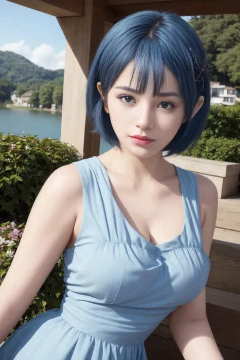 the woman who is in the water park, has fair skin and a beautiful face, short hair that is blue and tied, wearing glasses on her forehead, big breasts, wearing a yellow shirt