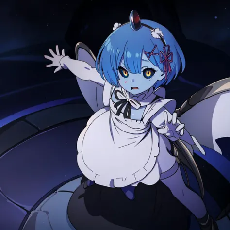 best quality, intricate details, full body, standing, cute pose,
1girl, <lora:remRe0_v10:0.8>  ph_rem, remhd, blue hair, blue eyes, 1girl, solo, x hair ornament, roswaal mansion maid uniform, maid, 
 <lora:FeatureBlackSclera_v10:0.8> black sclera, colored sclera,  <lora:changeACharacter_demonictv10:0.8> DemonicT, blue skin, colored skin, yellow eyes, demon wings, demon horns, slit pupils,