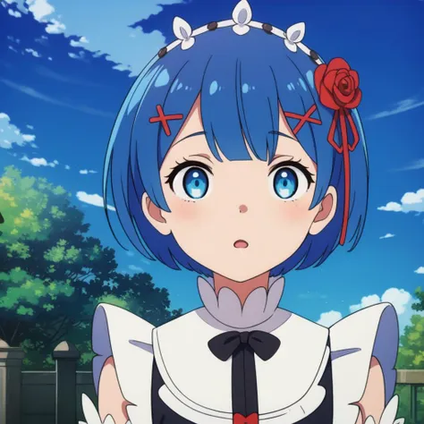 best quality, intricate details,
1girl, <lora:remRe0_v10:0.8>  ph_rem, remhd, blue hair, blue eyes, 1girl, solo, x hair ornament, roswaal mansion maid uniform, maid, 
 <lora:flowerFieldsGrassAnd_v10:0.8> flower, red_flower, red_rose, rose, shooting_star, orange_flower, yellow_flower, sky, planet, constellation, crescent_moon, tree,