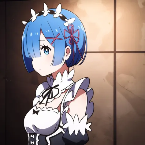best quality, intricate details,
1girl, <lora:remRe0_v10:0.8>  ph_rem, remhd, blue hair, blue eyes, 1girl, solo, x hair ornament, roswaal mansion maid uniform, maid,