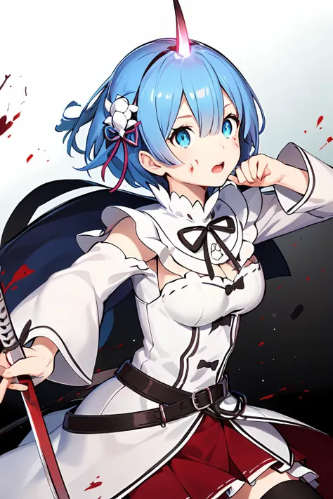 <lora:rem-t1-000006:0.8>, (masterpiece:1.6, best quality), (finely detailed beautiful eyes: 1.2), ph_rem, remhd, 1girl, blue hair, solo, blue eyes,   holding sword, sword, weapon, single horn, oni horn, blood, blood on face