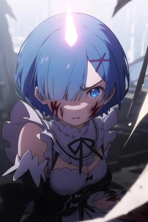 anime, hdr, soft light, ((best quality)), ((masterpiece)), (detailed), <lora:Rem_v2_FB:0.9>, phRem, blue hair, hair over one eye, 1girl, roswaal mansion maid uniform, detached sleeves, (looking at viewer:1.1), angry, crazy face, (parted lips:1.1), (glowing horns:1.2), blood on face, black sleeves, long sleeves, frilled sleeves, oni, oni horns, blood on clothes