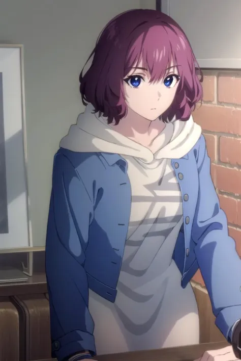 tangrou, <lyco:tangrou-lyco-nochekaiser:1>,
tang rou, short hair, (purple eyes:1.1), purple hair,
BREAK jacket, hood, hoodie, blue jacket, dress,
BREAK indoors,
BREAK looking at viewer, (cowboy shot:1.5),
BREAK <lyco:GoodHands-beta2:1>, (masterpiece:1.2), best quality, high resolution, unity 8k wallpaper, (illustration:0.8), (beautiful detailed eyes:1.6), extremely detailed face, perfect lighting, extremely detailed CG, (perfect hands, perfect anatomy),