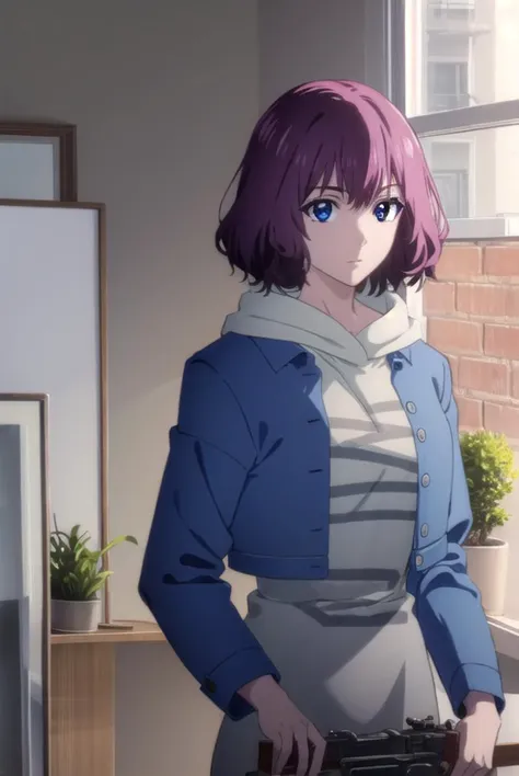 tangrou, <lyco:tangrou-lyco-nochekaiser:1>,
tang rou, short hair, (purple eyes:1.1), purple hair,
BREAK jacket, hood, hoodie, blue jacket, dress,
BREAK indoors,
BREAK looking at viewer, (cowboy shot:1.5),
BREAK <lyco:GoodHands-beta2:1>, (masterpiece:1.2), best quality, high resolution, unity 8k wallpaper, (illustration:0.8), (beautiful detailed eyes:1.6), extremely detailed face, perfect lighting, extremely detailed CG, (perfect hands, perfect anatomy),