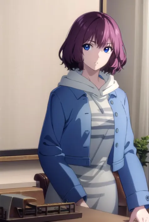 tangrou, <lyco:tangrou-lyco-nochekaiser:1>,
tang rou, short hair, (purple eyes:1.1), purple hair,
BREAK jacket, hood, hoodie, blue jacket, dress,
BREAK indoors,
BREAK looking at viewer, (cowboy shot:1.5),
BREAK <lyco:GoodHands-beta2:1>, (masterpiece:1.2), best quality, high resolution, unity 8k wallpaper, (illustration:0.8), (beautiful detailed eyes:1.6), extremely detailed face, perfect lighting, extremely detailed CG, (perfect hands, perfect anatomy),