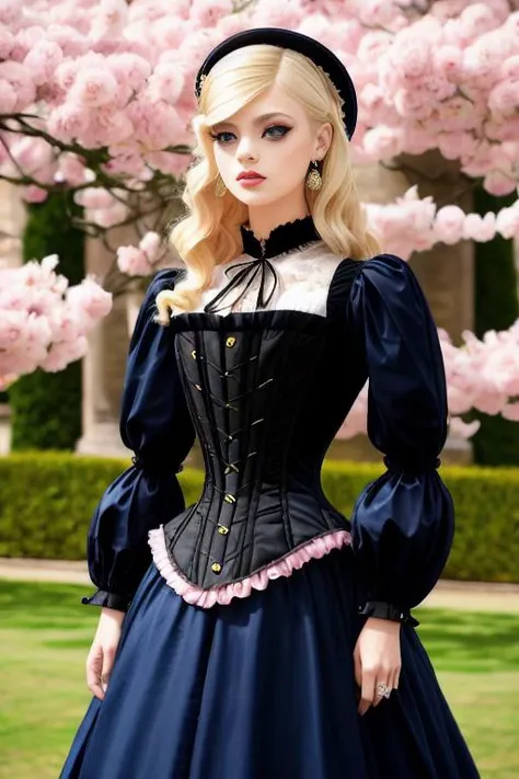 lorengray-6000 ,Masterpiece, best quality, ultra high res, (face focus:1.2), (photorealistic:1.4) , fit, tiny waist, happy, blushing, pink cheeks, standing, model , tight corset, ( black victorian style dress, beautiful face, makeup:1.4), Chateau de Versailles, France, garden of versailles, flowers, modelshoot style, neutral expression
