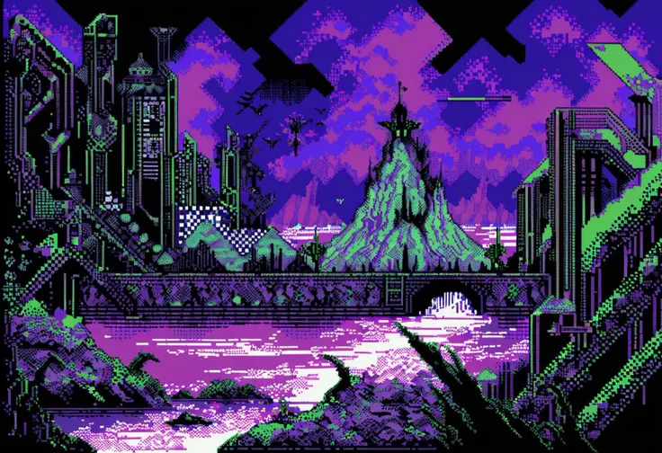 (Pixel Art), 1990s \(year\), 8-bit, landscape, Realm of Chaos, The Warp, Immaterium, grimdark, depressive, surreal, 
action,
solo,
Warhammer 40K \(series\), gritty, SEGA Box cover artwork, 90s aesthetic, retro, dithering, limited color palette, 2D, retrofuturistic, nostalgic, pixelated, extremely detailed, emotional,
by Calder Moore