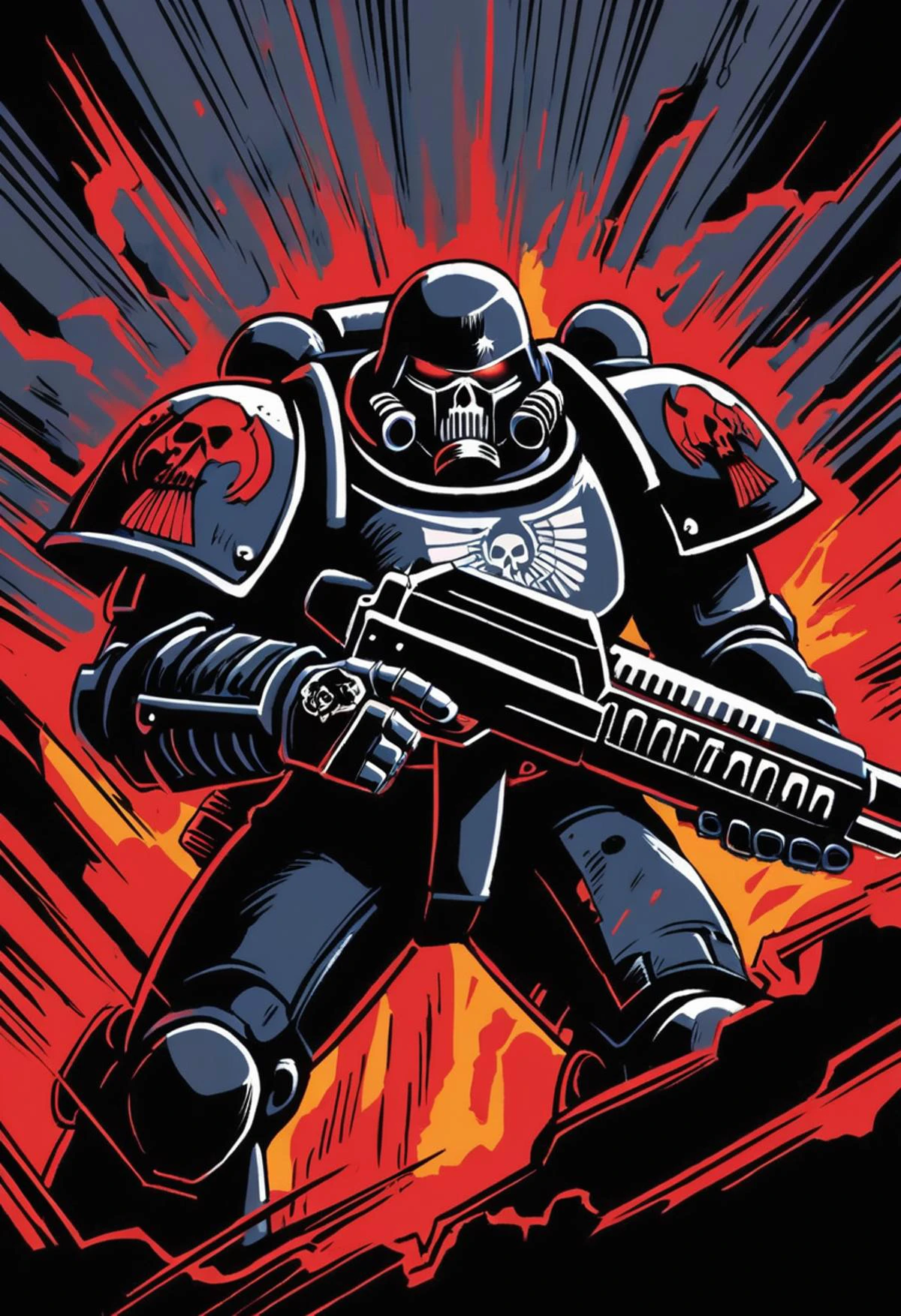 Anime Illustration, manga cover \(style\), Space Marine, Black Templars chapter, Warhammer 40K, solo, black Astartes power armor, bolter, holding weapon, holding gun, dynamic composition, intense, bold lines, contrasting colors, expressive lines, gritty, grimdark, Aquila \(symbol\)