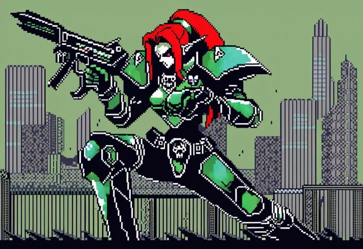 (Pixel Art), 1990s \(year\), 8-bit, (Dark Eldar Wych), bald with, long ponytail, red hair, pointy ears, Drukhari armor, splinter pistol, Xenos, action,
solo,
Warhammer 40K \(series\), gritty, SEGA Box cover artwork, 90s aesthetic, retro, dithering, limited color palette, 2D, retrofuturistic, nostalgic, pixelated, extremely detailed, emotional,
by Calder Moore