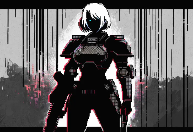 Anime \(style\), pixelated, 2d, flat, (sister of battle), short hair, white hair, blue eyes, Sororitas power armor, holding bolter, dynamic composition, minimal, silhouette, shaded, solo,
grimdark, centered, grunge, dramatic, moody, grainy, bold lines, stylized, limited color palette