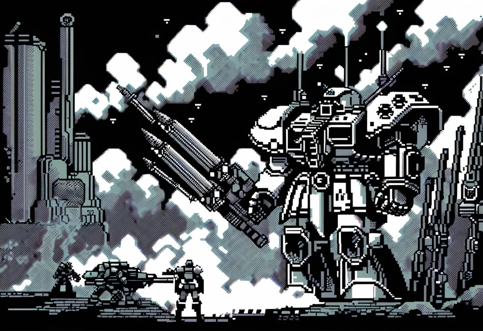 (Pixel Art), 1990s \(year\), 8-bit, (Imperial Knight), war machine, blue and white, thermal cannons, war-torn landscape, explosions,
action,
solo,
Warhammer 40K \(series\), gritty, SEGA Box cover artwork, 90s aesthetic, retro, dithering, limited color palette, 2D, retrofuturistic, nostalgic, pixelated, extremely detailed, emotional,
by Calder Moore