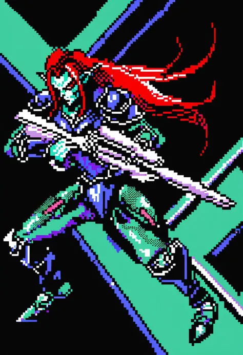 (Pixel Art), 1990s \(year\), 8-bit, (Dark Eldar Wych), bald with, long ponytail, red hair, pointy ears, Drukhari armor, splinter pistol, Xenos, action,
solo,
Warhammer 40K \(series\), gritty, SEGA Box cover artwork, 90s aesthetic, retro, dithering, limited color palette, 2D, retrofuturistic, nostalgic, pixelated, extremely detailed, emotional,
by Calder Moore