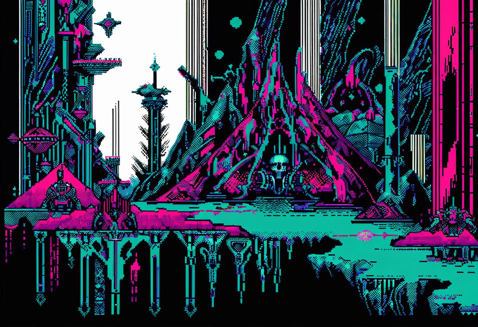 (Pixel Art), 1990s \(year\), 8-bit, landscape, Realm of Chaos, The Warp, Immaterium, grimdark, depressive, surreal,
action,
solo,
Warhammer 40K \(series\), gritty, SEGA Box cover artwork, 90s aesthetic, retro, dithering, limited color palette, 2D, retrofuturistic, nostalgic, pixelated, extremely detailed, emotional,
by Calder Moore