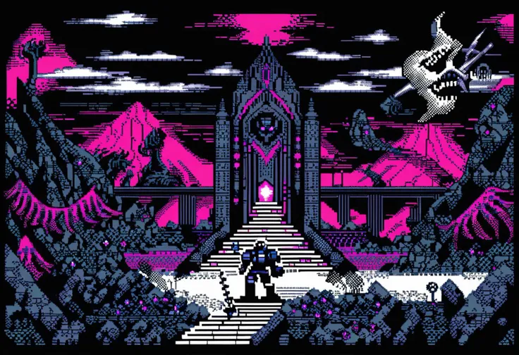(Pixel Art), 1990s \(year\), 8-bit, landscape, Realm of Chaos, The Warp, Immaterium, grimdark, depressive, surreal,
action,
solo,
Warhammer 40K \(series\), gritty, SEGA Box cover artwork, 90s aesthetic, retro, dithering, limited color palette, 2D, retrofuturistic, nostalgic, pixelated, extremely detailed, emotional,
by Calder Moore