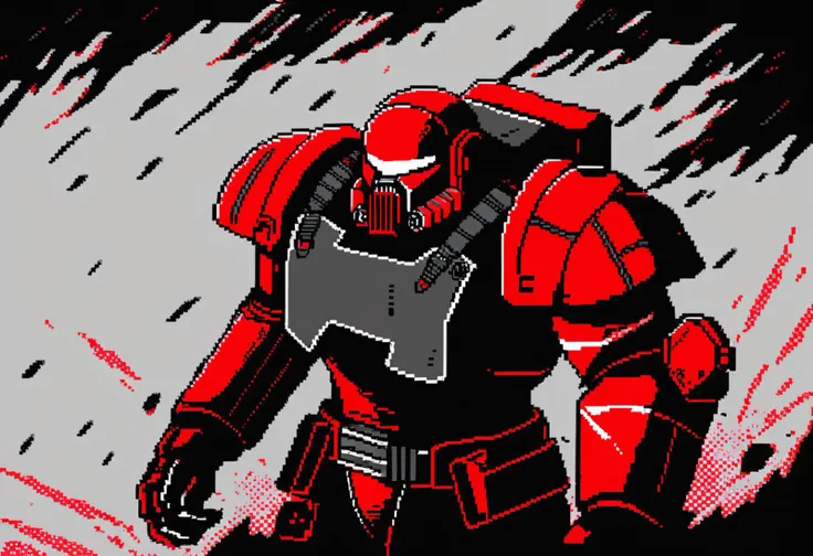 Anime \(style\), pixelated, 2d, flat, (White Scars Space Marine), white and red power armor,
dynamic composition, minimal, extremely detailed, shaded, solo,
grimdark, centered, grunge, dramatic, moody, grainy, bold lines, stylized, limited color palette