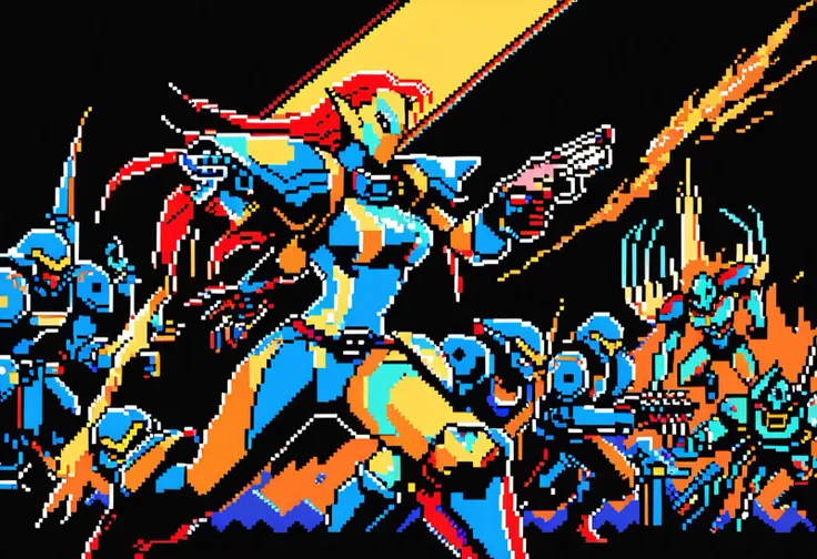 (Pixel Art), 1990s \(year\), 8-bit, (Craftworld Eldar Female), bald with, long ponytail, [red|orange] hair, pointy ears, Aeldari armor, las pistol, Xenos, action,
solo,
Warhammer 40K \(series\), gritty, SEGA Box cover artwork, 90s aesthetic, retro, dithering, limited color palette, 2D, retrofuturistic, nostalgic, pixelated, extremely detailed, emotional,
by Calder Moore