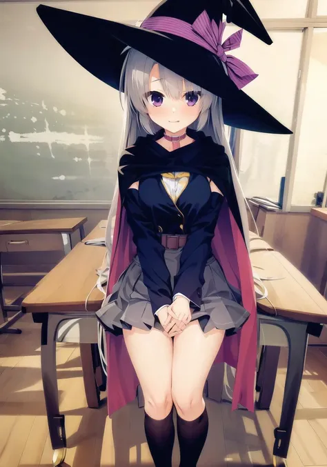 masterpiece, best quality, 1 girl  <lora:ayachiNeneSanobaWitch_v2:1>, skirt, cape, belt, witch_hat, ahoge, full body, classroom