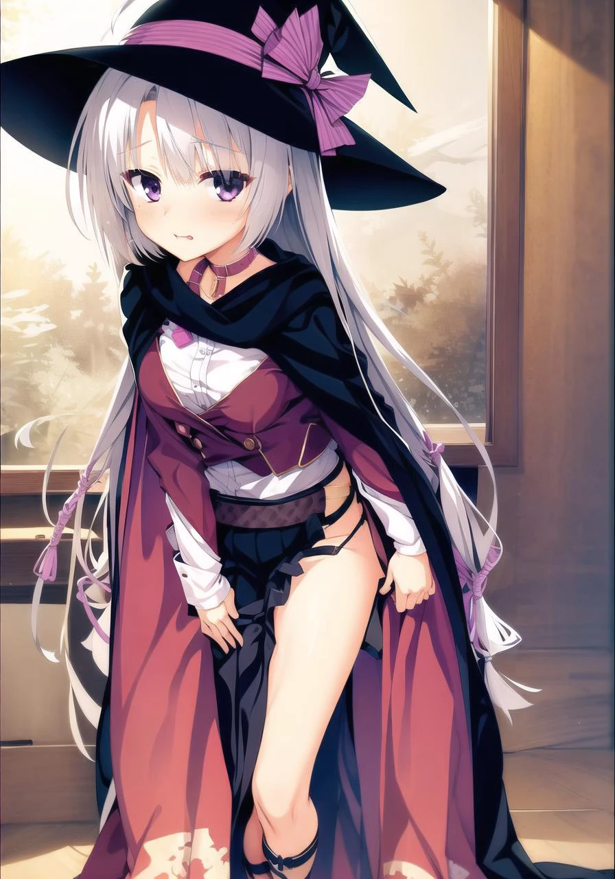 masterpiece, best quality, 1 girl <lora:ayachiNeneSanobaWitch_v2:1>, skirt, cape, belt, witch_hat, ahoge, full body, classroom