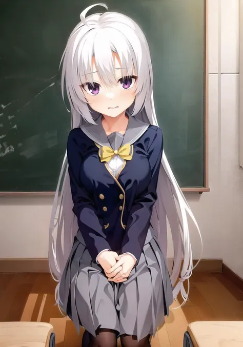 masterpiece, best quality, 1 girl  <lora:ayachiNeneSanobaWitch_v2:1>, white hair, grey skirt, black_school_uniform, black_legwear , ahoge, full body, classroom