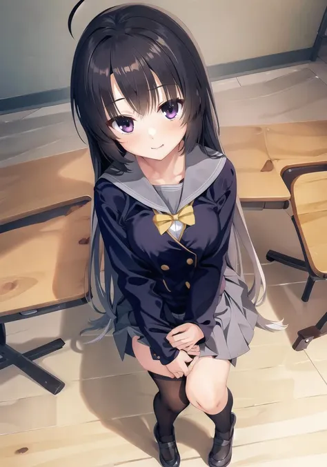 masterpiece, best quality, 1 girl <lora:ayachiNeneSanobaWitch_v2:1>, grey skirt, black_school_uniform, black_legwear , ahoge, full body, classroom