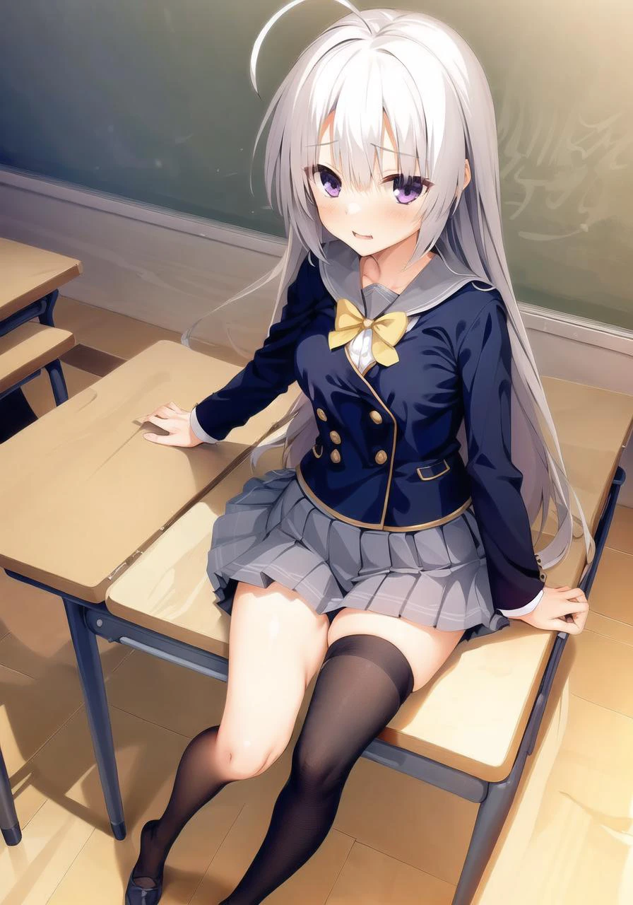 masterpiece, best quality, 1 girl <lora:ayachiNeneSanobaWitch_v2:1>, white hair, grey skirt, black_school_uniform, black_legwear , ahoge, full body, classroom
