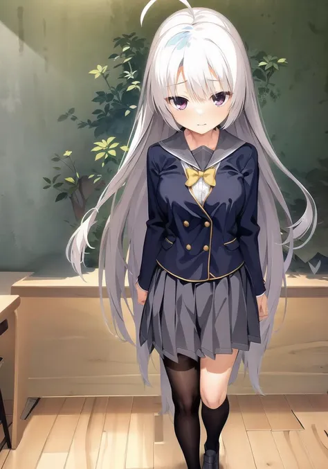 masterpiece, best quality, 1 girl <lora:ayachiNeneSanobaWitch_v2:1>, white hair, grey skirt, black_school_uniform, black_legwear , ahoge, full body, classroom