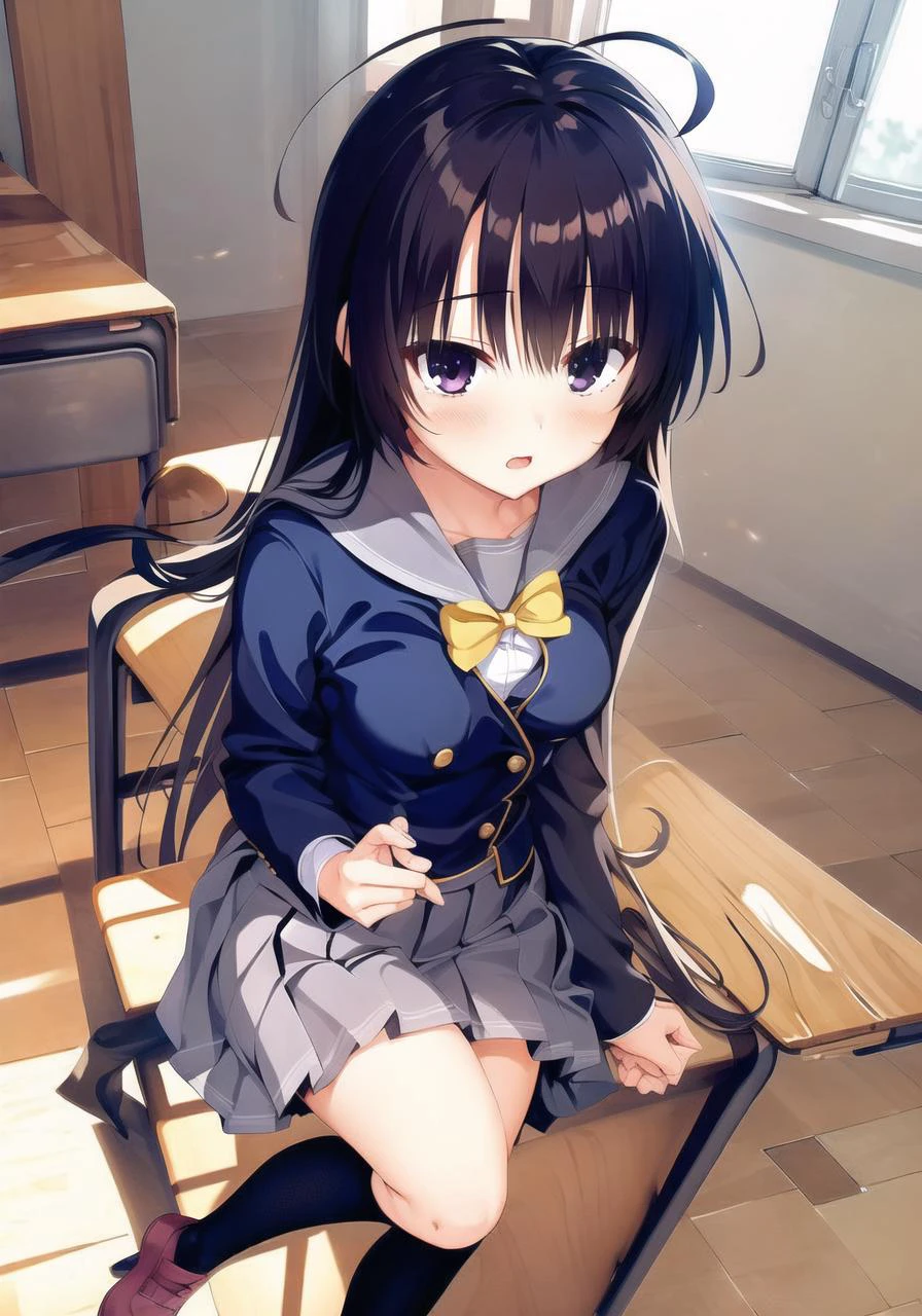 masterpiece, best quality, 1 girl <lora:ayachiNeneSanobaWitch_v2:1>, grey skirt, black_school_uniform, black_legwear , ahoge, full body, classroom