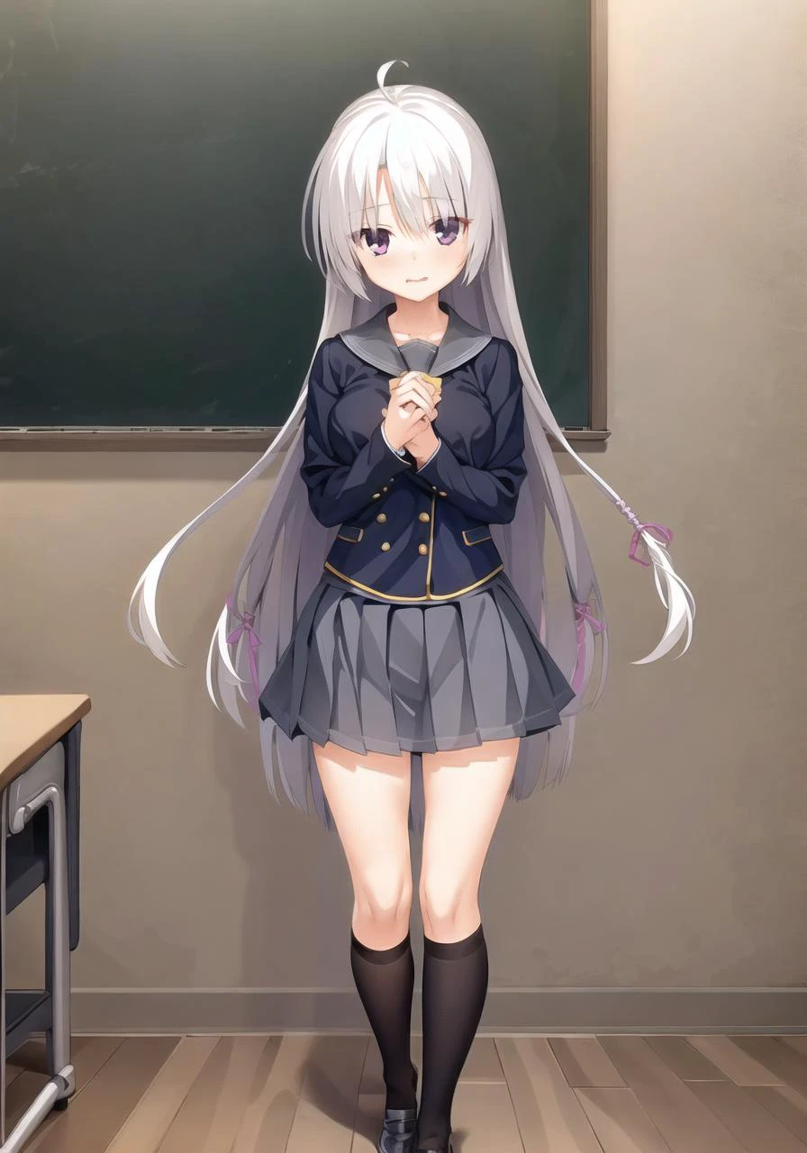 masterpiece, best quality, 1 girl <lora:ayachiNeneSanobaWitch_v2:1>, white hair, grey skirt, black_school_uniform, black_legwear , ahoge, full body, classroom