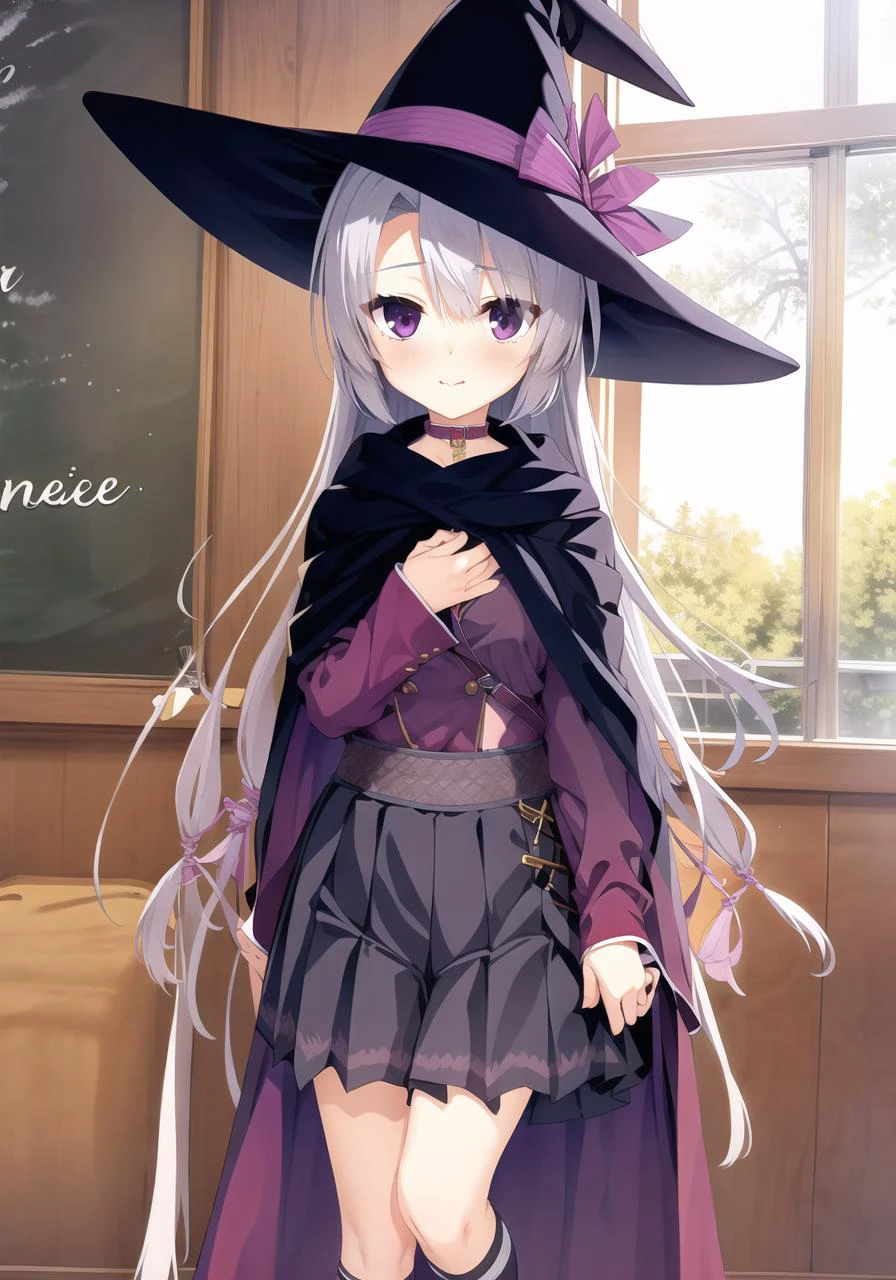 masterpiece, best quality, 1 girl, <lora:ayachiNeneSanobaWitch_v2:1>, skirt, cape, belt, witch_hat, ahoge, full body, classroom