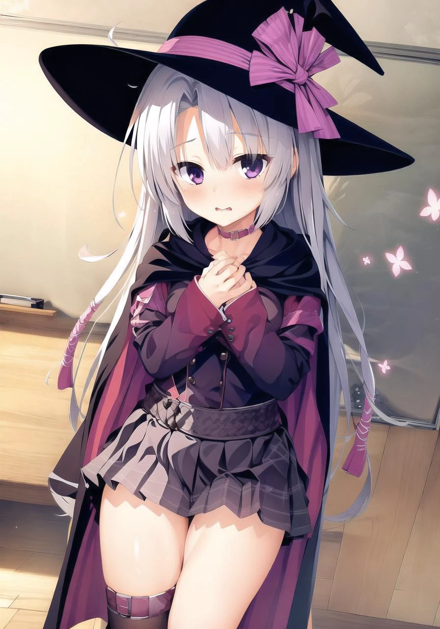 masterpiece, best quality, 1 girl <lora:ayachiNeneSanobaWitch_v2:1>, skirt, cape, belt, witch_hat, ahoge, full body, classroom